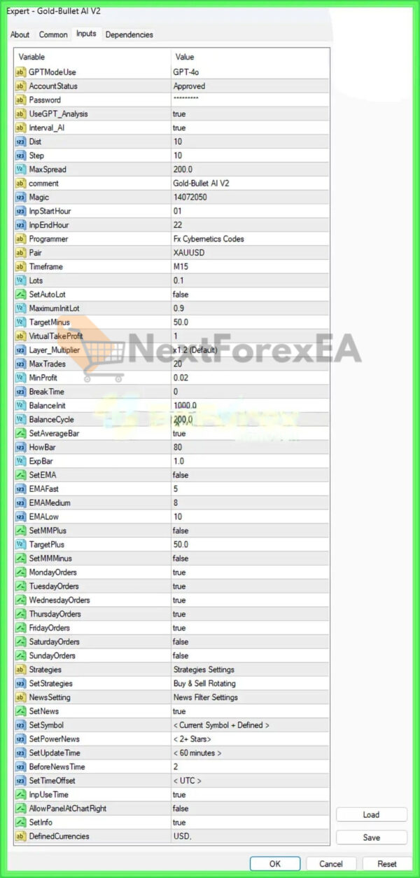 Gold-Bullet AI EA MT4 settings