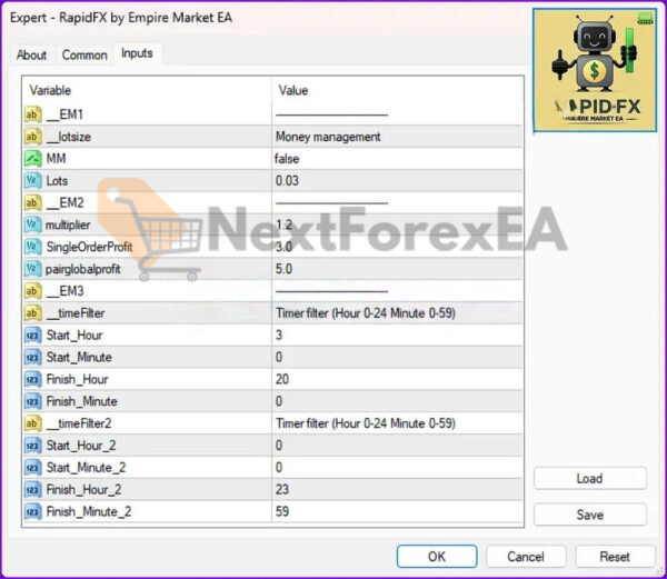 RapidFX by Empire Market EA MT4 inputs